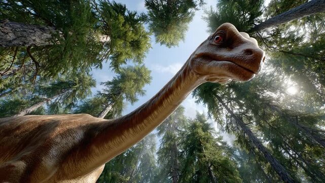 Prehistoric Giant: A long-necked dinosaur, possibly a Brontosaurus or Apatosaurus, emerges from a lush, ancient forest, its head held high against a bright, sun-dappled sky.