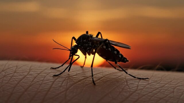 Macro Mosquito Feeding On Human Skin During Sunset Evening Close Up 4k