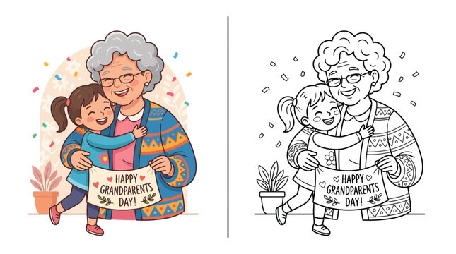 Grandmother and Granddaughter Hugging, Holding Happy Grandparents Day Banner