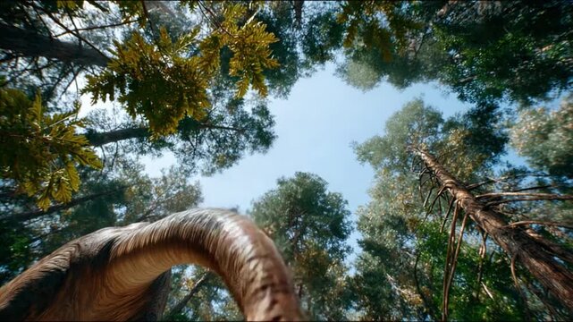 Dinosaur in Ancient Forest: A colossal dinosaur's neck and head loom overhead as seen from below, surrounded by the towering canopy of an ancient forest. The sky peeks through the dense foliage.