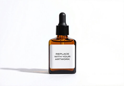 Glass dropper bottle mockup with blank label, product packaging template for branding presentation, studio shot on surface soft lighting and shadow, isolated display