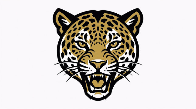 leopard head illustration with bold black markings, sharp eyes, and an aggressive expression on a clean white background