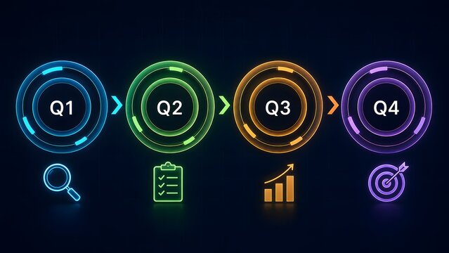 Four quarter business financial planning timeline displaying glowing neon stages from Q1 to Q4 with strategic goal icons on a dark background.