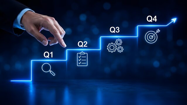 Businessman hand pointing at a glowing blue digital step-by-step business strategy timeline from Q1 to Q4 with success and planning icons.