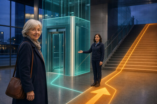 Older woman chooses accessible station elevator