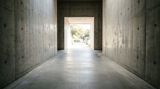 Concrete hallway with bright opening to nature, modern architecture, minimalist path