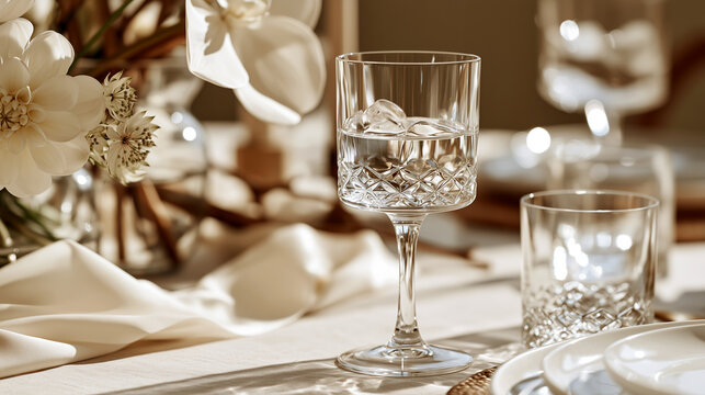 Elegant crystal glass filled with ice sits on a beautifully decorated wedding table, surrounded by soft florals and delicate linens in a refined reception setting.