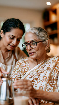 Elderly woman receives gentle assistance from her adult daughter while preparing tea at home, capturing warmth, family connection and everyday caregiving.