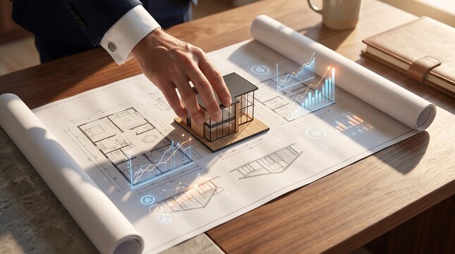 Architect placing a model house on blueprints with digital data overlays.
