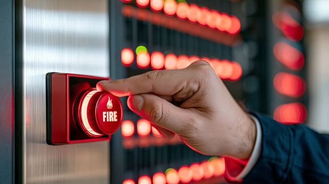 Engineer's hand pressing a red fire suppression button beside illuminated server racks, representing data center safety and emergency infrastructure protection.