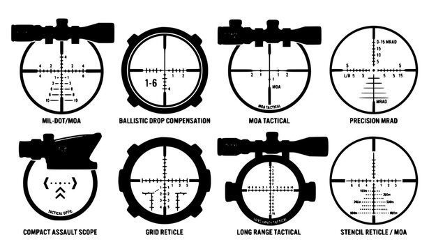 Military tactical reticles and heavy duty sniper scope viewfinder vector icons set