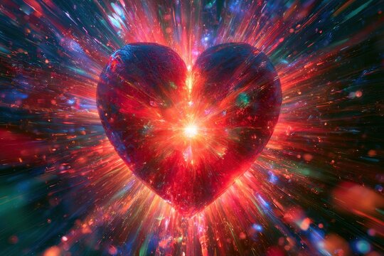 Glowing heart with explosive light rays for love and Valentine concept