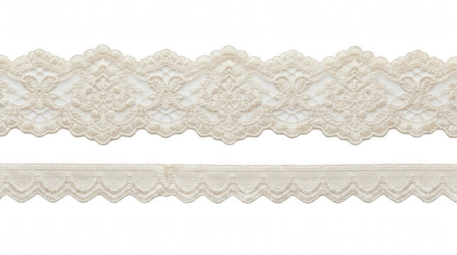 Delicate ivory lace trim with intricate floral pattern and scalloped edge isolated on transparent background