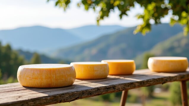 Row of cheese wheels aging outdoors on a rustic wooden table with a mountain landscape background