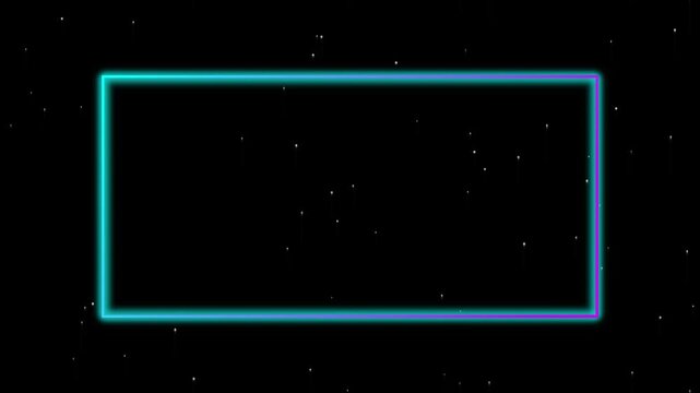 A neon rectangle in cyan and purple glows over a starry dark background.