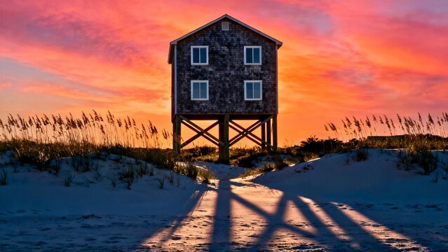 A tall narrow beach house on stilts with weathered cedar-shake siding, long dramatic shadows across sea oats and dunes in the foreground against a bright sunset sky.