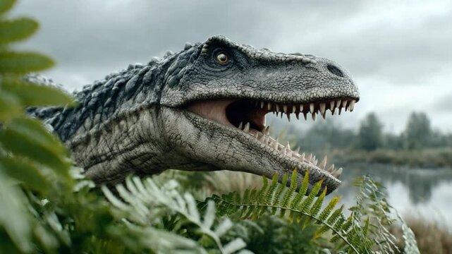 Prehistoric Predator Emerges: A formidable dinosaur emerges from lush foliage, its reptilian eyes scanning its surroundings with primal intensity.