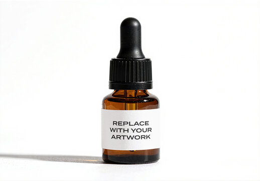 Glass dropper bottle mockup with label placeholder on a surface, minimalist product presentation for branding, packaging design, Template, or cosmetic display in clean studio environment