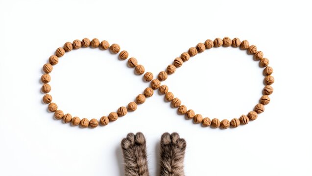 Cat paws and pet food creating an infinity symbol, representing endless care, nutrition, and love for pets