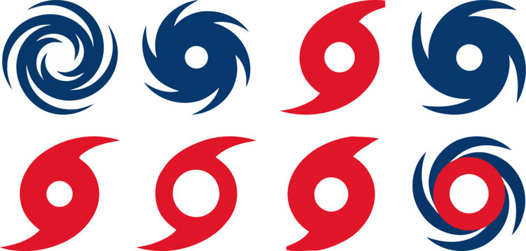 Hurricane symbol set with 8 weather icons, red and blue cyclone vector graphics, storm warning signs for meteorology and news
