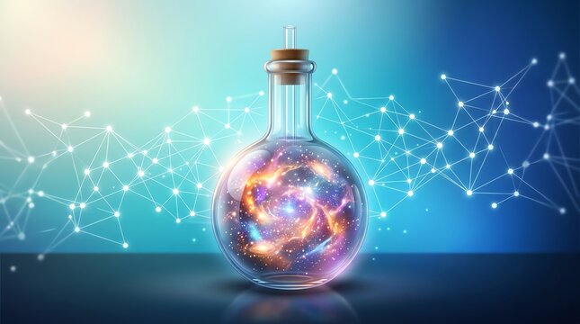 Galaxy Inside Glass Bottle Concept with Digital Network Connection