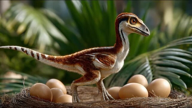 Dinosaur Nestling: A prehistoric dinosaur chick, with striking brown and white plumage and intelligent eyes, guards a nest of precious eggs amidst lush tropical foliage.