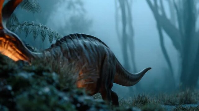 Prehistoric Mist: A majestic Brachiosaurus ambles through a misty, ancient forest, its massive form barely visible through the dense fog, evoking a sense of awe and wonder.