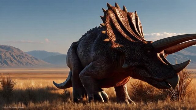 Triceratops in Prehistoric Landscape: A mighty Triceratops, with its distinctive frill and horns, stands regally in a vast, sun-drenched prehistoric plain, evoking the ancient world.