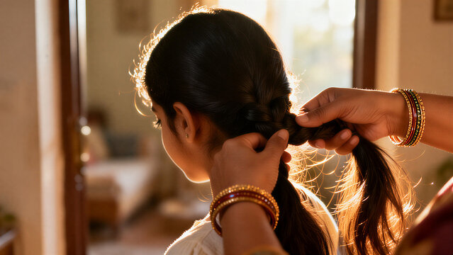 Serene, golden-edged dark hair, skillfully braided by an Indian mother's gentle, bangle-adorned hands, bathed in soft morning light, for cultural