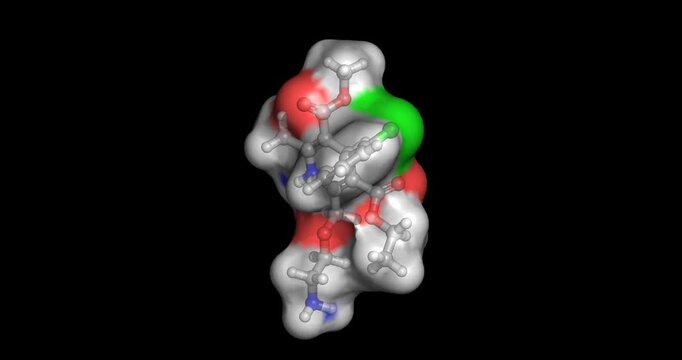 Amlodipine, calcium channel blocker that relaxes blood vessels to lower high blood pressure and ease chest pain, 3D molecule 4K spinning