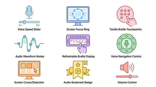 An accessible flat vector icon set illustrating audio waveforms, braille touchpoints, voice speed sliders, and screen focus rings for screen reader navigation, tactile audio interfaces, and digital ac