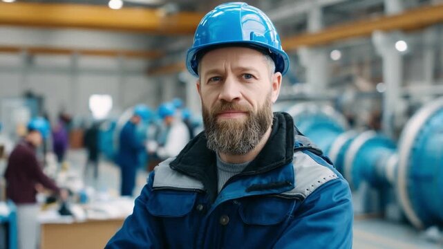 Industrial Worker Portrait: A rugged industrial worker with a beard, wearing a blue hard hat and safety jacket, stands confidently in a factory setting, conveying a sense of dedication and expertise.