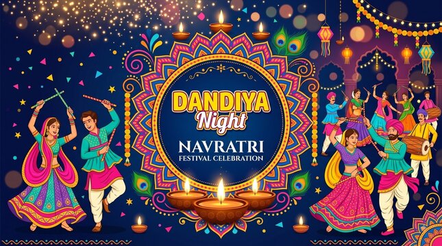 Vector illustration of dandiya night banner. Indian couple Dandiya dance posture and celebrating navratri festival.