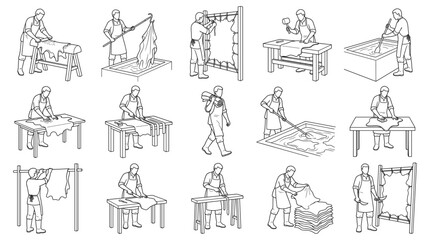 Fototapeta premium Tanner processing hides line art set craftsman leatherwork activities vector illustration