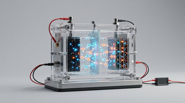 Transparent Battery Cell Demonstrating Chemical Energy Reaction and Ion Flow in Laboratory