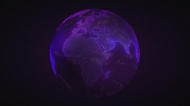 Digital globe with glowing continents on a dark background. The globe depicts continents and country outlines with a purple hue