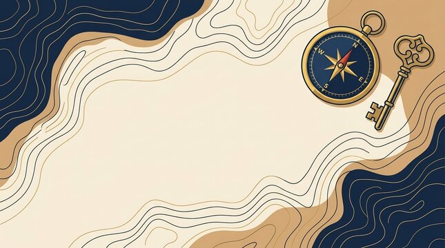 Vintage compass and ornate brass key on topographic map background, adventure and discovery concept, navigation and mystery illustration, travel journey theme.
