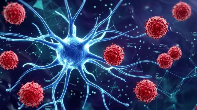 Microscopic blue immune cell defending against red virus particles animation