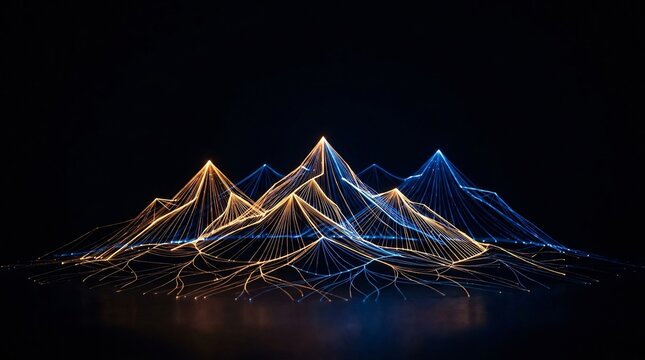 Abstract glowing wireframe mountains in gold and blue, futuristic data visualization, network connectivity background, high-tech topographic landscape, digital terrain wallpaper.