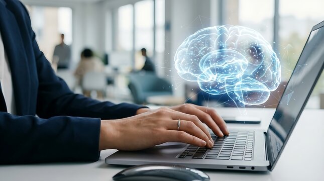 Business professional working on laptop with glowing artificial intelligence brain overlay