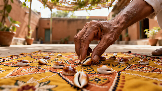 Strategic Chaupar game - weathered hand places lustrous cowrie shells on patterned yellow board, bathed in warm dappled courtyard light