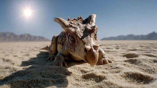 Prehistoric Desert Wanderer: A lone, baby dinosaur, a young ceratopsian, basks in the harsh desert sun, its textured scales and tiny horns a testament to an ancient world.