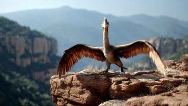 Ancient Winged Reptile: A prehistoric reptile with majestic wings spread wide stands proudly on a rocky cliff overlooking a vast canyon, its head raised as if surveying its ancient domain.