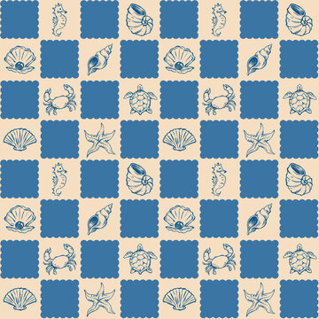 Vintage Nautical Seamless Pattern with Hand Drawn Sea Life and Blue Checkered Grid