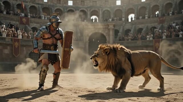 Ancient Roman Gladiator Facing Lion in Colosseum Arena Battle Scene 4K