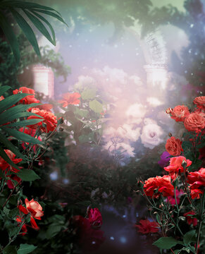 Ancient white stone arch in fantasy tropical jungle forest, palm tree branches and lush greenery in misty fairy tale rainforest, mysterious floral vertical background with copy space, mystic nature.