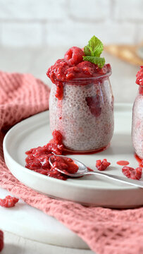 Chia seed pudding with fresh raspberry coulis