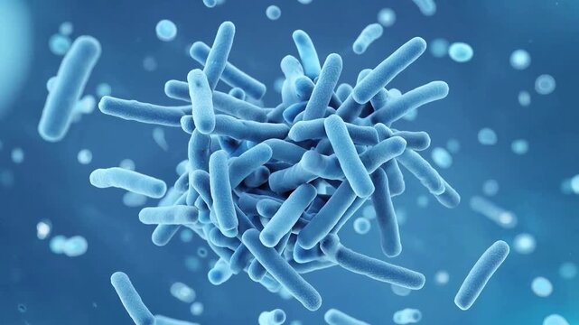 Microscopic View of Blue Rod Shaped Bacteria Floating and Scattering Probiotics Gut Microbiome Science Concept
