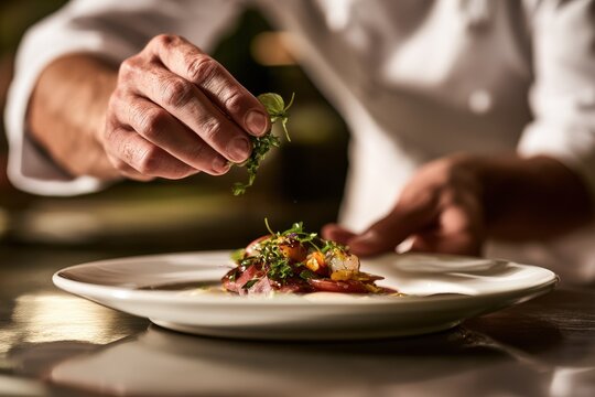 Culinary artistry: precise garnish and sauce drizzle on a fine dining plate