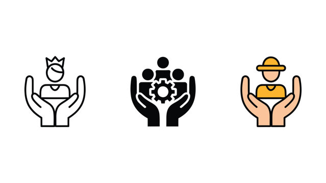 Teamwork icons showing hands holding figures with crown gear and hardhat symbolizing collaboration unity support and leadership in business environments